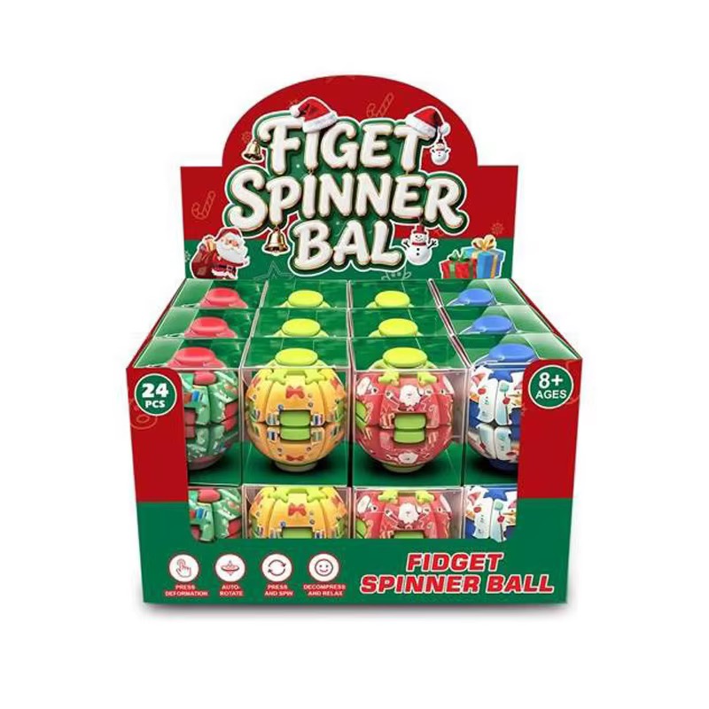 Christmas-themed fidget spinner balls in a 24-piece display box