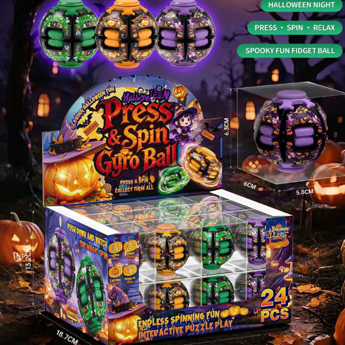Halloween Press and Spin Gyro Balls in green, orange and purple, with a 24-piece display box