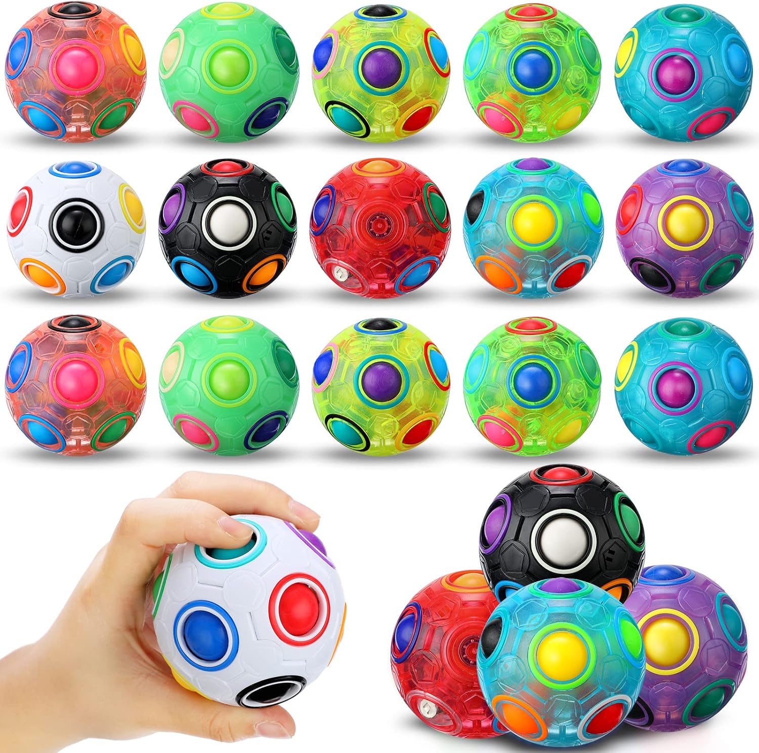 Assorted colorful puzzle balls with a hand pressing a colored ball